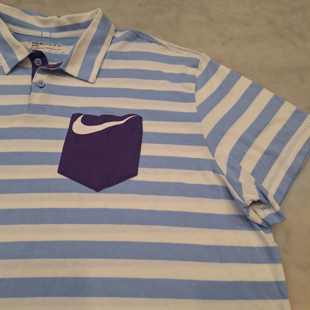 Nike‎ Golf Polo Shirt Mens Sz XXL Blue Striped Dri-FIT Pocket Swoosh Sport Tee